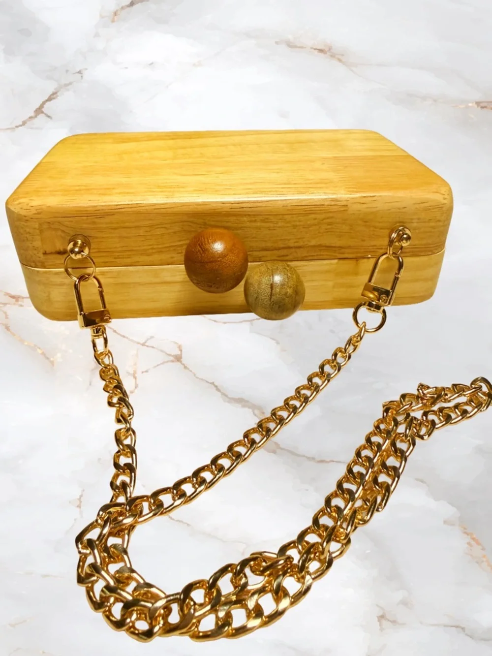 Unique Wooden Box Kisslock Clutch with Gold Chain by Inge Christopher